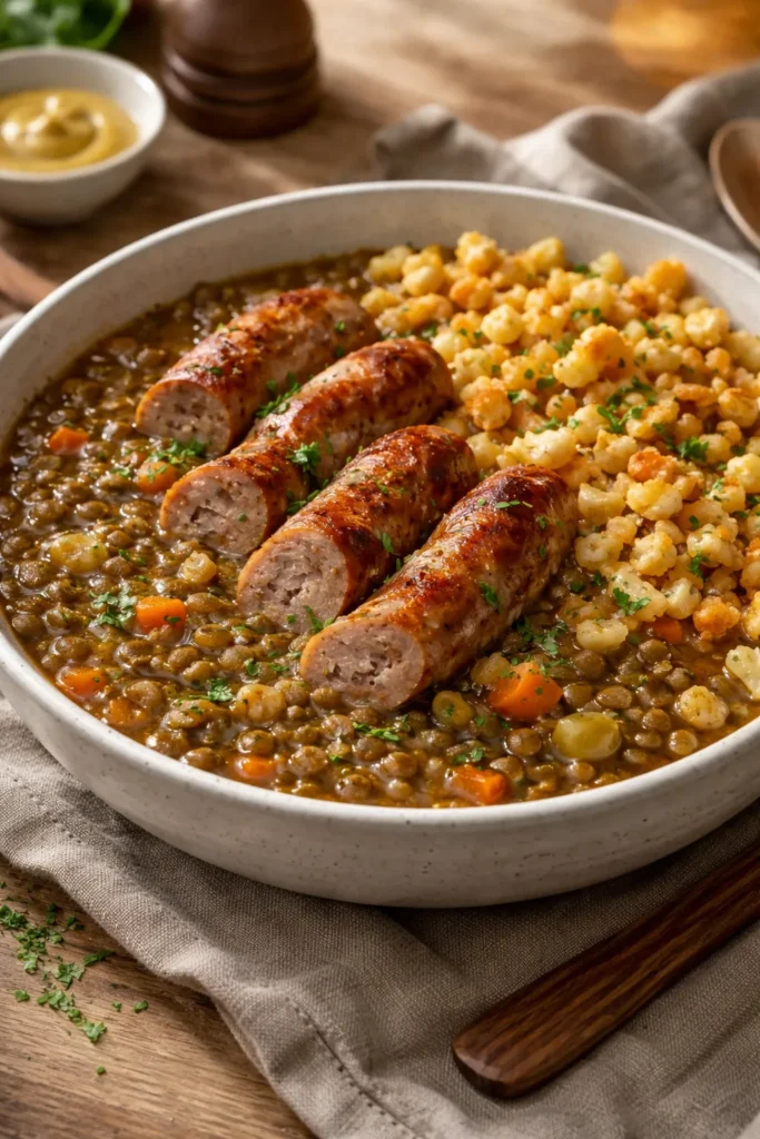 8 Bratwurst and Spaetzle Recipes for Dinner 8 Green lentil stew with bratwurst and crispy spaetzle on the side.