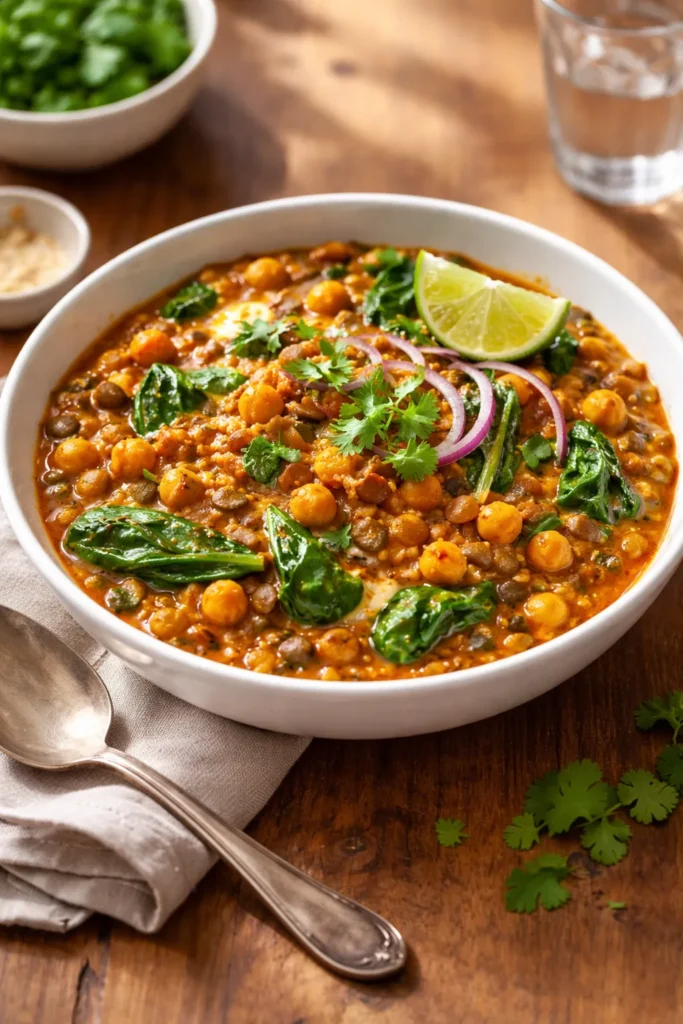 8 Protein Bowl Recipes to Eat After the Gym 7 Close-up of a Spicy Indian-Inspired Lentil and Chickpea Bowl with tomato-yogurt sauce and greens