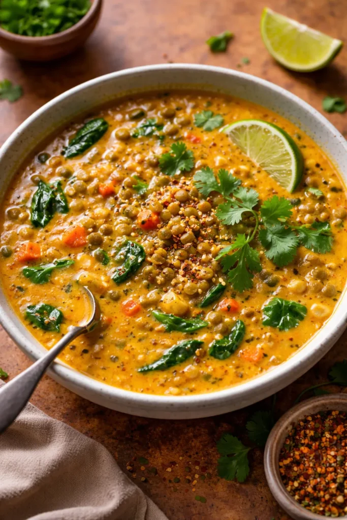 Coconut curry lentil stew with green lentils in creamy broth