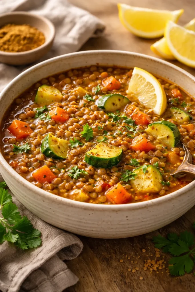 Lentil stew with zucchini and carrots in a bowl