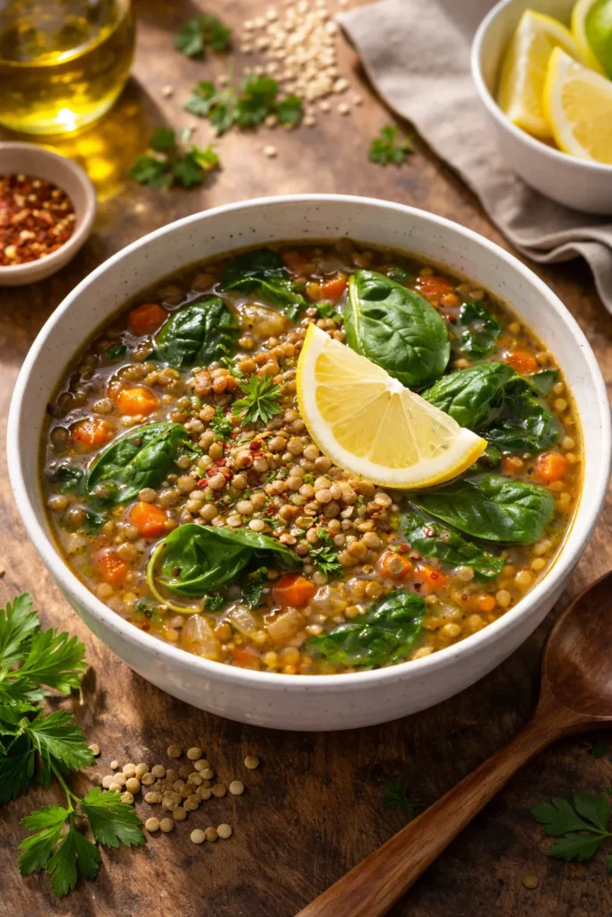 Bowl of lentil soup with lemon and spinach on top