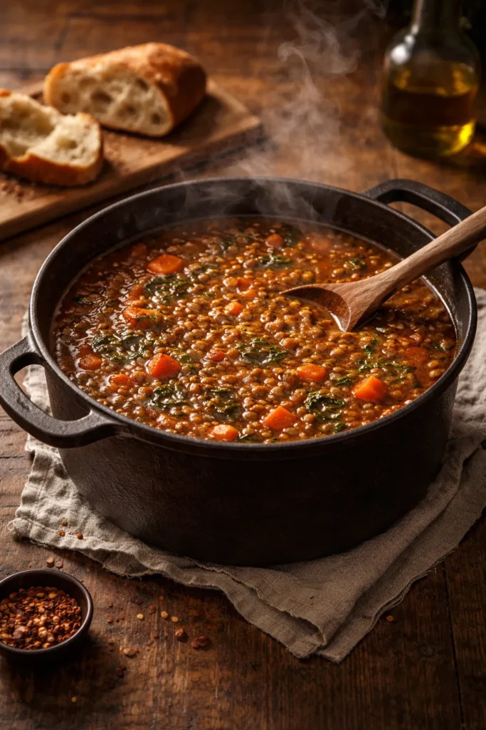 Close-up of a steaming pot of lentil stew on a wooden table with rust-colored broth