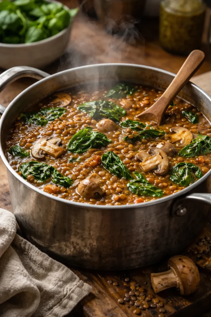 Lentil stew with mushrooms and spinach in a pot