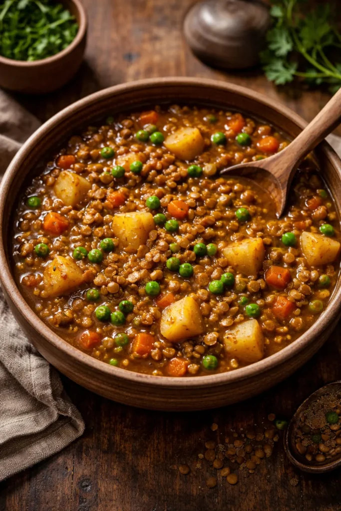 Bowl of vegan lentil stew with potatoes and peas