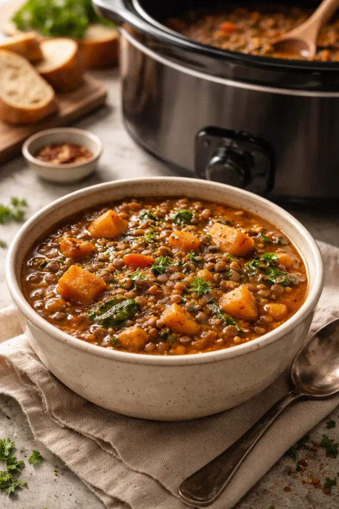 Lentil stew with sweet potato chunks in a bowl beside a slow cooker