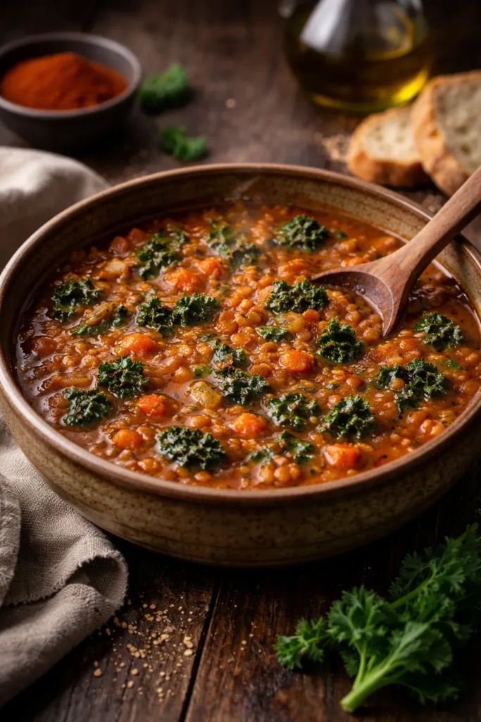 Bowl of smoky red lentil stew with kale