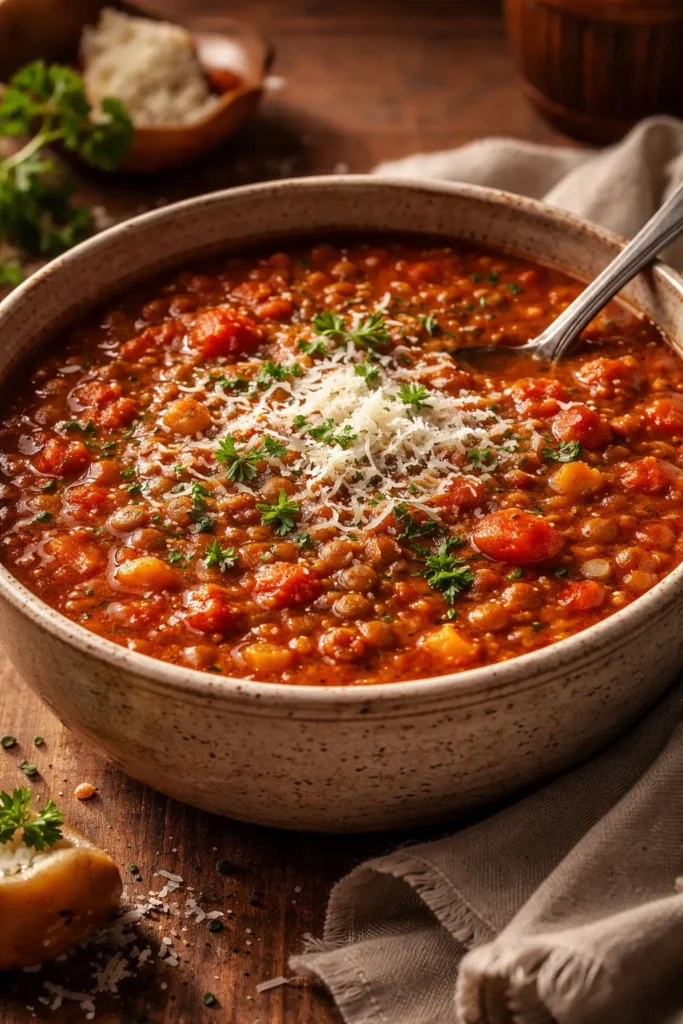 Close-up of Italian lentil stew with tomatoes and melted Parmesan