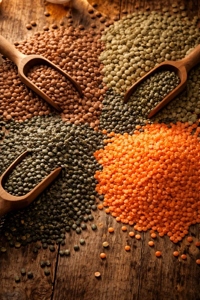 Close-up of multicolor lentils on wood, earthy textures