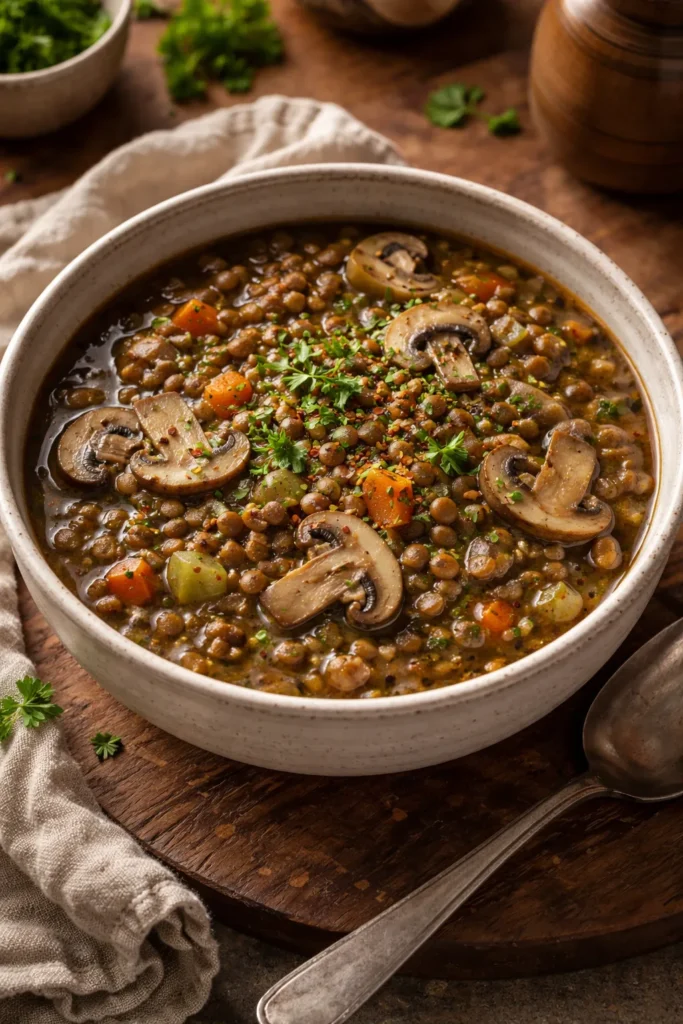 Lentil and mushroom stew in a ceramic bowl