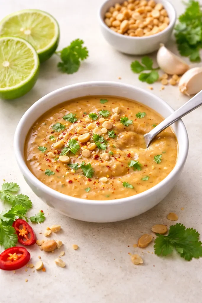 Bright lime-forward Vietnamese-style peanut sauce in a bowl.