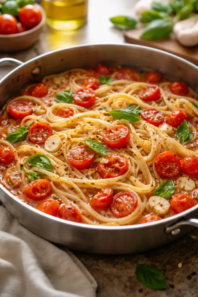 10 One-Pot Pasta Recipes With Easy Cleanup 4 Linguine with tomatoes and garlic cooking in one-pot with visible sauce formation