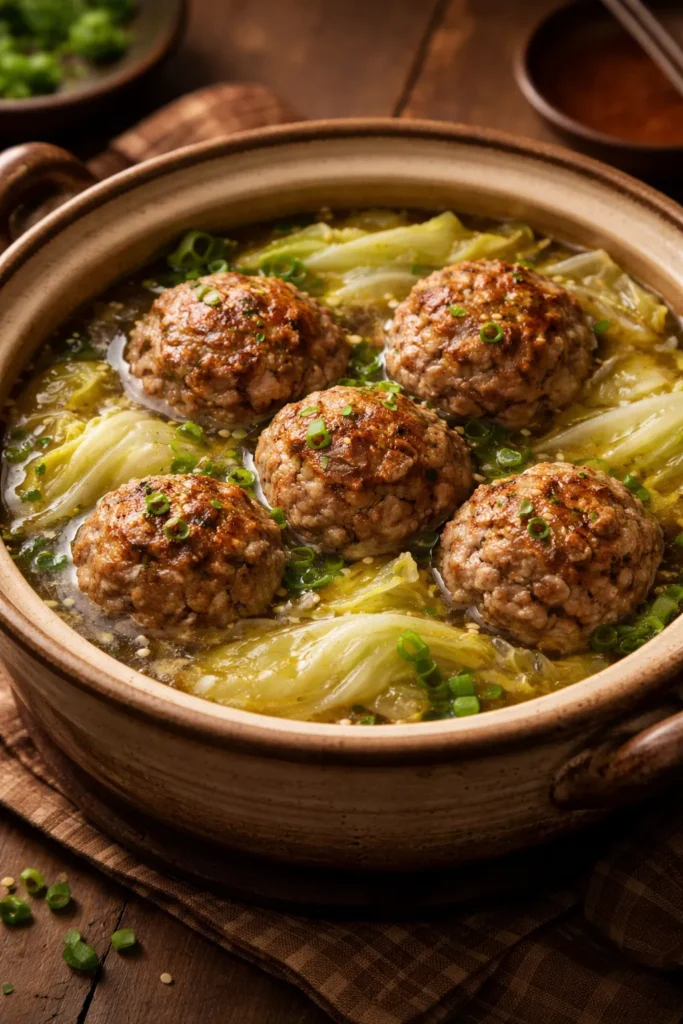 Large pork meatballs with napa cabbage in broth.
