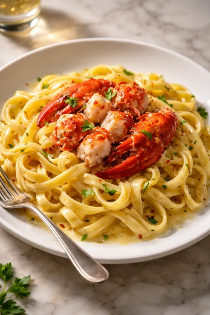 Lobster fettuccine Alfredo with lobster meat on pale emulsified sauce