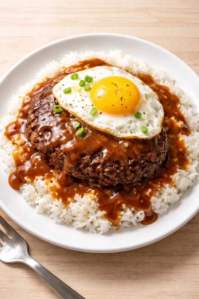 Loco moco plate with rice, beef patty, fried egg and brown gravy