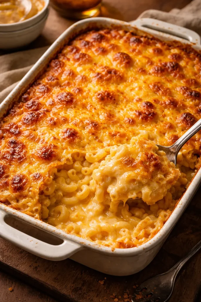 Slice of baked mac and cheese with golden crust on plate