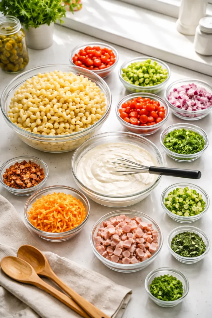 Prep scene with bowls of pasta and dressing ready to chill
