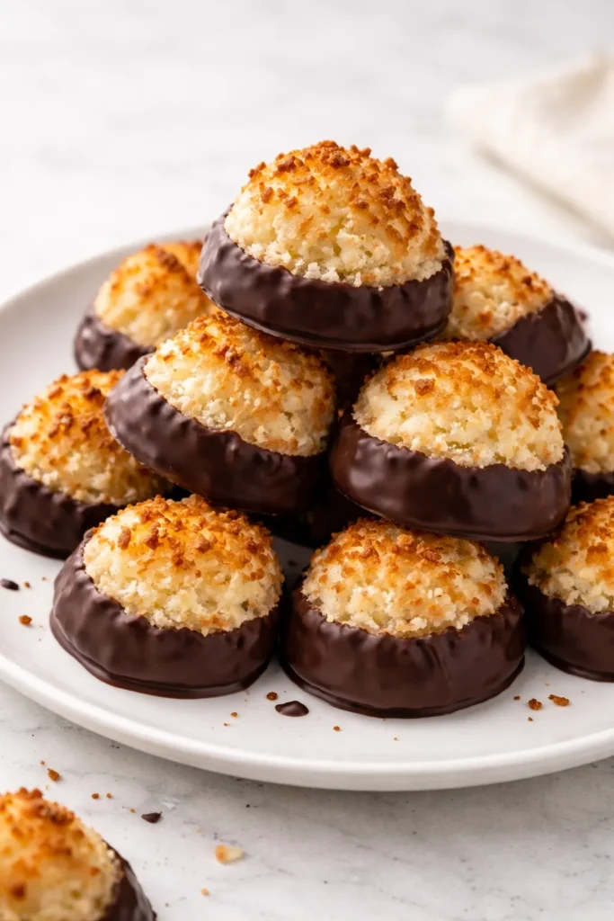 15 Sugar Free Treats That Actually Taste Good 14 Close-up of chocolate-dipped coconut macaroons on a white plate, showing glossy coating and chewy texture.