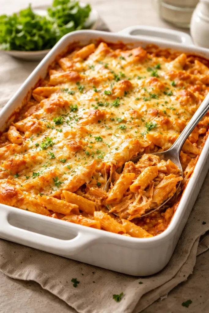 Baked Brazilian mac and cheese with chicken in a baking dish