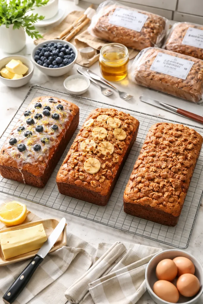 12 Make-Ahead Breakfast Breads for Weekdays 15 Three different loaves cooling on a rack, representing make-ahead baking weekend planning