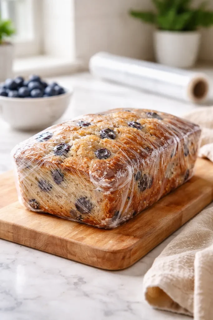 Moist Blueberry Muffin Bread for Coffee Time 13 Blueberry muffin bread loaf wrapped for make-ahead storage on a kitchen counter