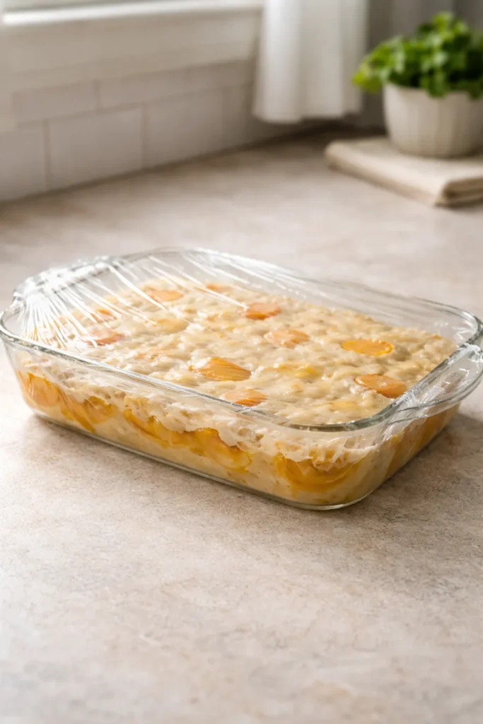 5-Minute Bisquick Cobbler With Canned Peaches 23 Covered assembly-ready cobbler in glass dish