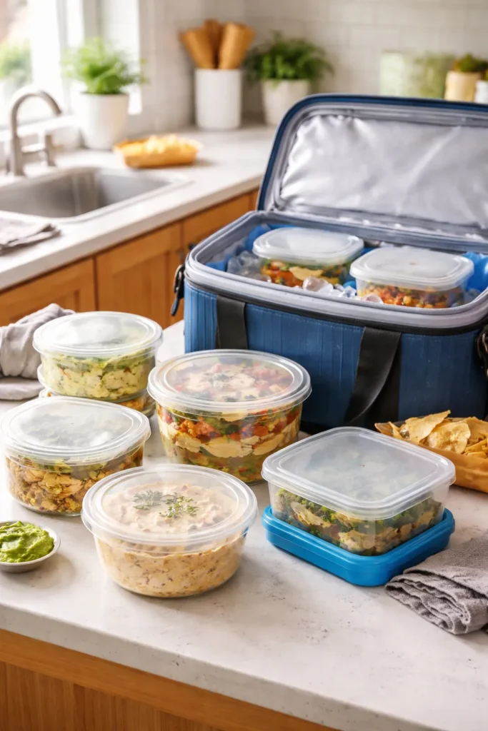 Make-ahead dip transport scene with covered bowls and travel cooler
