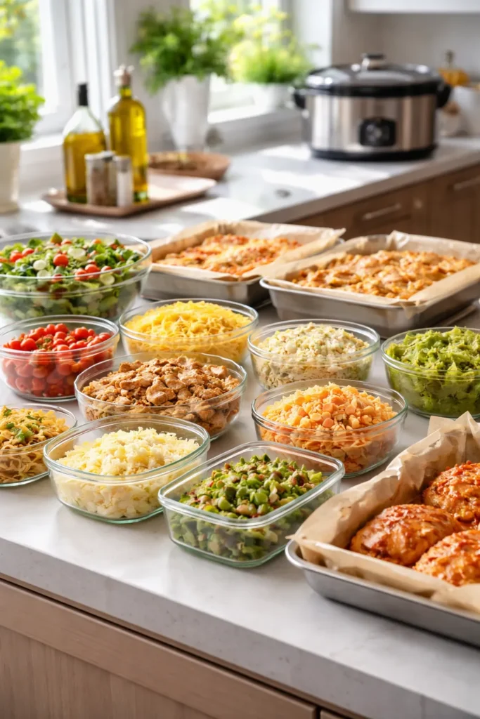 10 Easy Dinner Recipes for a Big Crowd 13 Close-up of organized make-ahead meal prep containers on a bright kitchen island