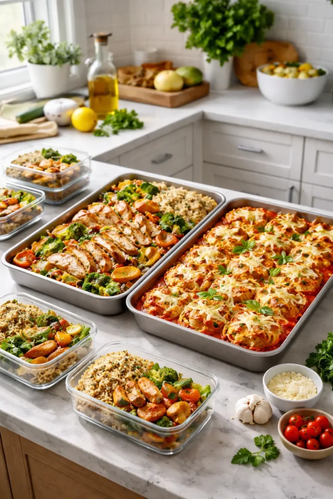 8 Make-Ahead Dinners Ready When You Are 10 Two baking trays with make-ahead meals on a clean kitchen counter