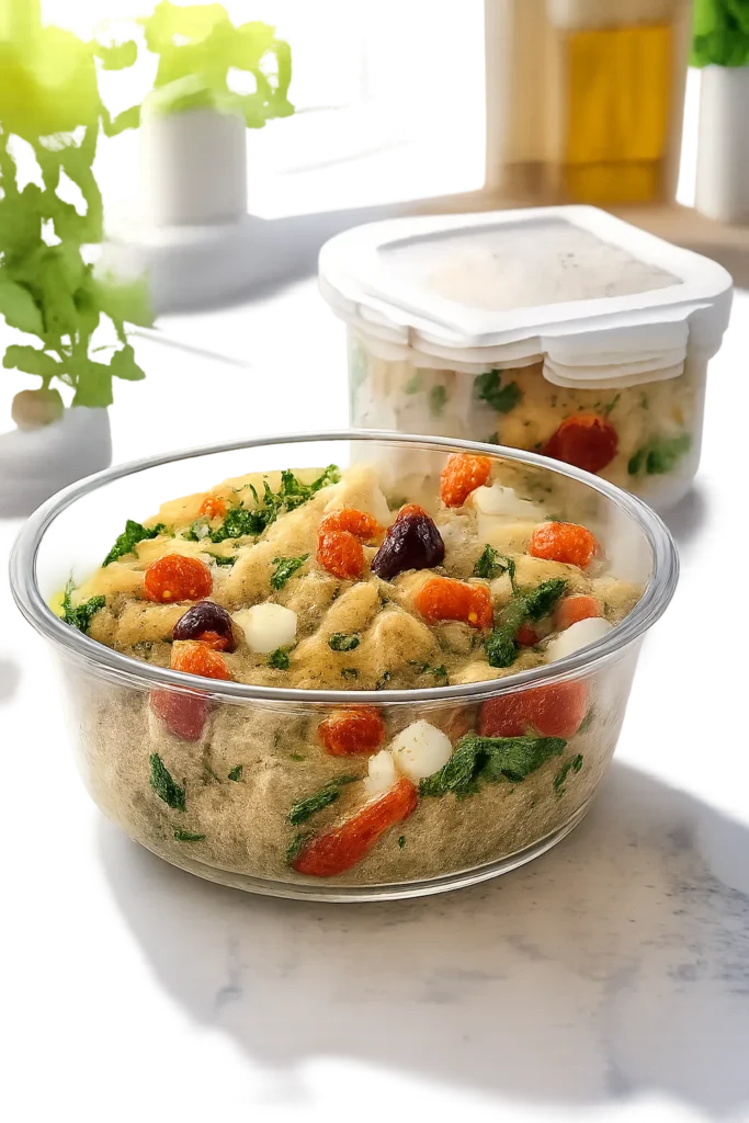 8 Pasta Salad Recipes for Your Next Cookout 10 Make-ahead pasta salad stored in a glass container on a kitchen counter