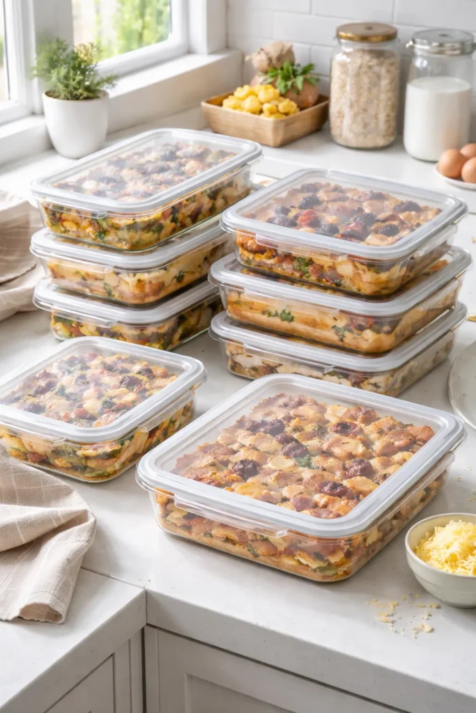 8 Breakfast Casseroles That Feed a Crowd 11 Glass storage dishes with lids ready for make-ahead casseroles