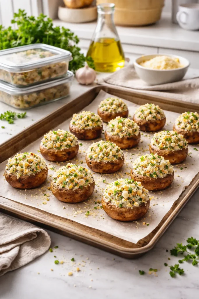 Unbaked stuffed mushrooms on parchment-lined tray ready for storage