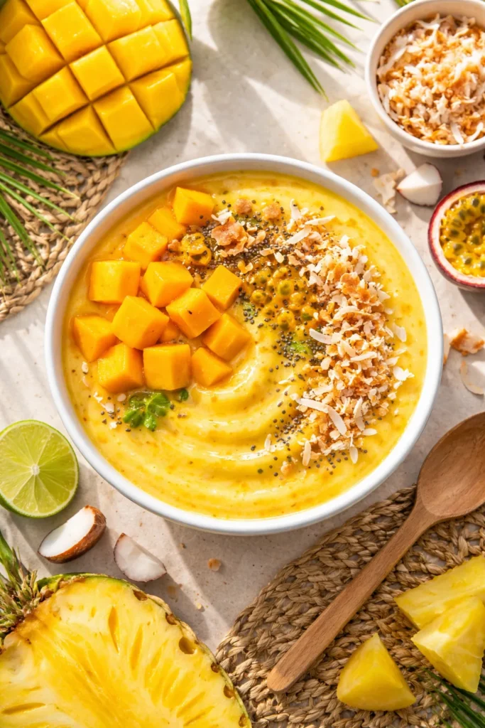 8 High Protein Smoothie Bowl Recipes 4 Bright yellow tropical mango protein bowl topped with fresh mango chunks and toasted coconut.