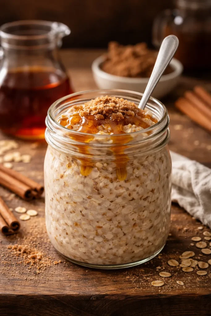 Maple Brown Sugar Overnight Oats in a jar with maple syrup drizzle