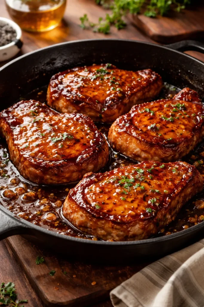 Pork chops with glossy maple glaze in a skillet