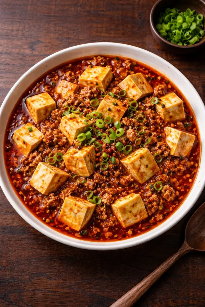 Mapo tofu with ground pork in a glossy red Sichuan sauce.