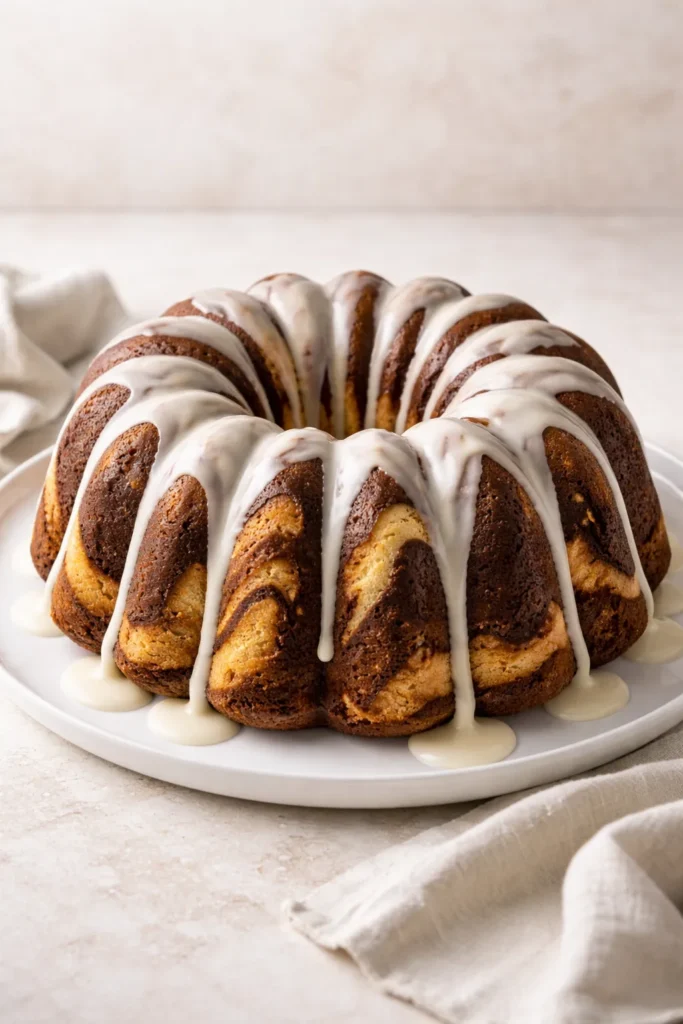 10 Beautiful Bundt Cakes for Beginners 10 Marble Bundt cake with vanilla glaze on a neutral plate