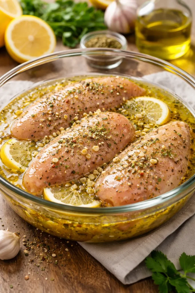 8 Easy Lemon Chicken Recipes for Weeknights 6 Raw marinated lemon chicken in a glass bowl with oil, herbs, and fresh garlic