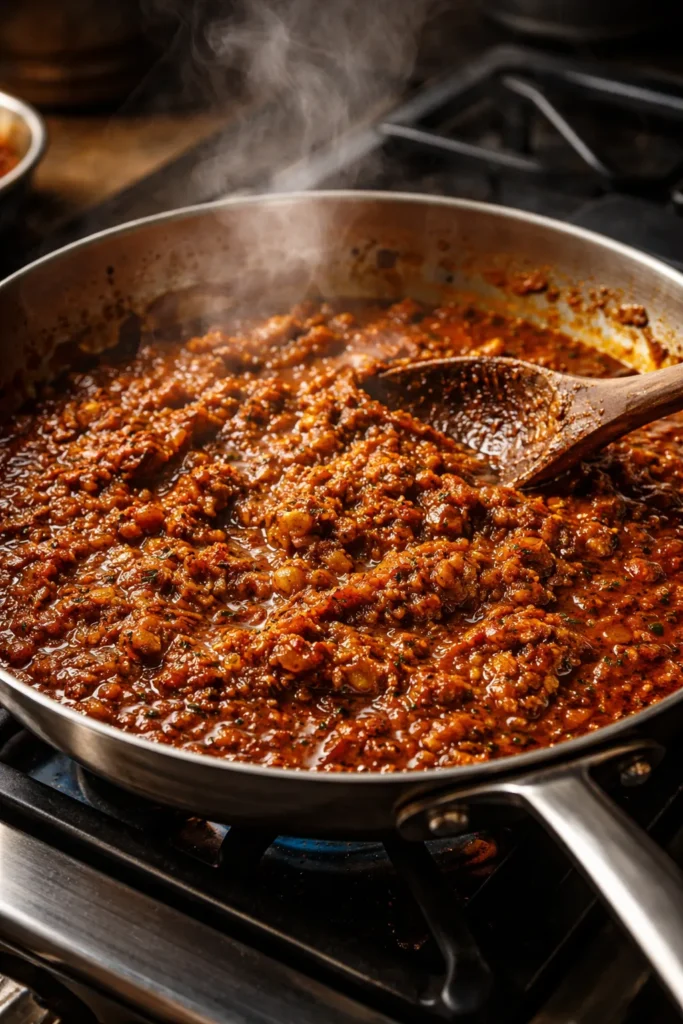 Pan of rich masala sauce with browned onions and tomato base