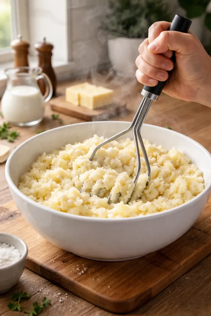 8 Mashed Potato Recipes Fluffy Every Time 9 Hand mashing potatoes in a bowl with steam