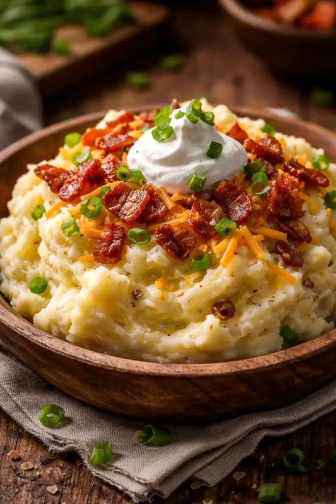 8 Mashed Potato Recipes Fluffy Every Time 7 Close-up of loaded mashed potatoes with bacon and cheddar