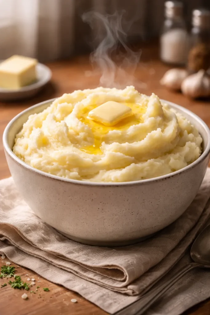 8 Mashed Potato Recipes Fluffy Every Time 12 Steaming mashed potatoes with butter in a simple bowl