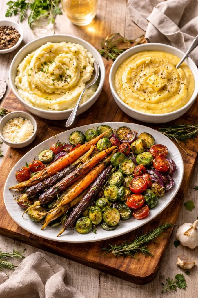 Triple side dishes: mashed potatoes, polenta, roasted vegetables on board