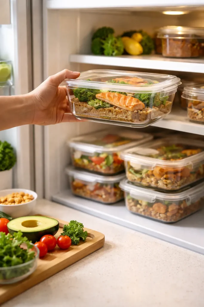 Hand placing a container in a kitchen shelf; habit planning concept