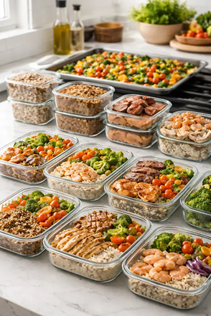 8 Protein Bowl Recipes to Eat After the Gym 10 Meal prep scene with containers of grains and roasted vegetables