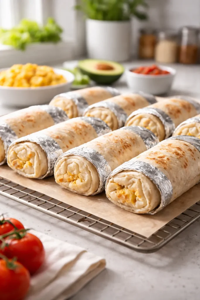 8 Breakfast Burrito Recipes for Meal Prep 1 Lineup of neatly wrapped breakfast burritos on parchment in a bright kitchen