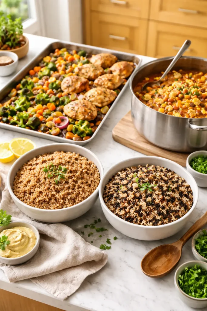10 Clean Eating Recipes for the Whole Week 13 Meal-prep scene with grains, roasted vegetables, chicken, and cauliflower chili arranged for the week