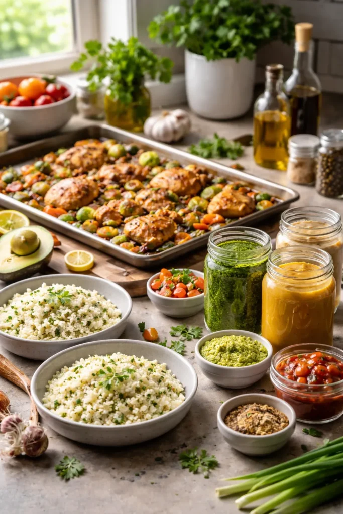 8 Paleo Dinners That Don't Taste Boring 11 Organized meal prep station with roasted vegetables and cauliflower rice
