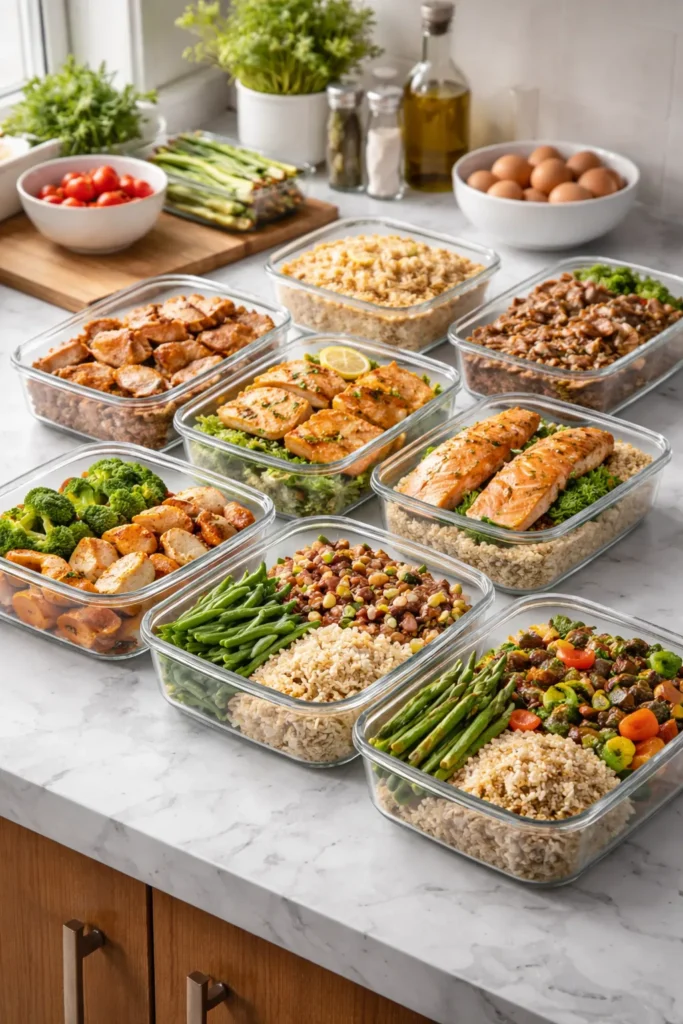 Meal prep containers on counter illustrating a rotating dinner plan