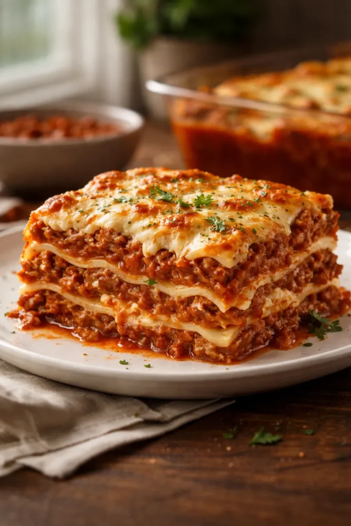 8 Rainy Day Recipes for Cozy Comfort 6 Slice of meat lasagna showing layers of pasta and sauce