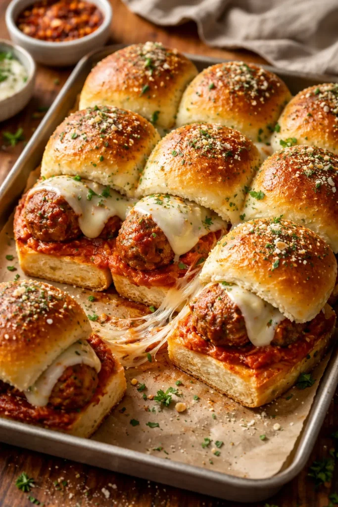 8 Slider Recipes for Parties and Game Night 4 Close-up of Meatball Marinara Sliders with marinara and melted cheese